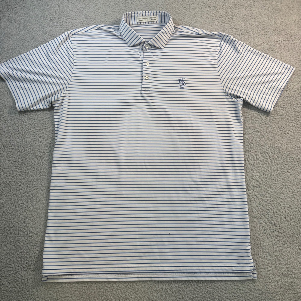Holderness & Bourne Mens XL Tailored Fit Polo Shirt Blue White Striped EFC 1882
